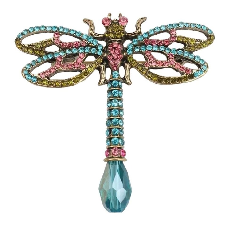 Dragonfly Brooch Blue & Pink Rhinestones Gold Tone